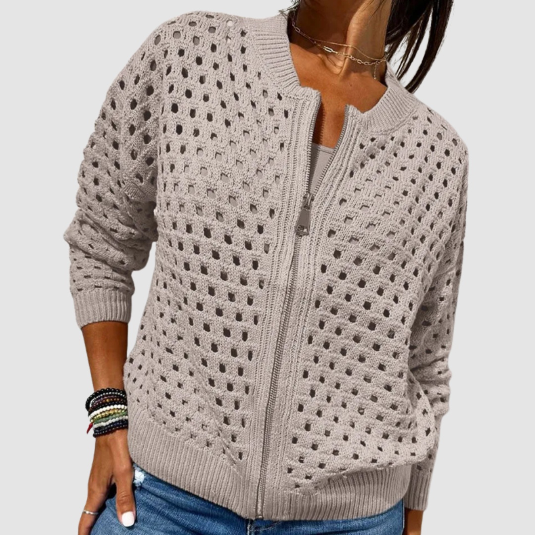 Women's Hollow-Knit Cardigan with Full-Length Zipper and Relaxed Fit