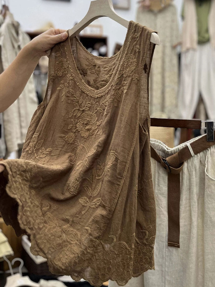 Women's 3/4 Sleeve Shirt with Cotton Linen Blend and Round Neckline