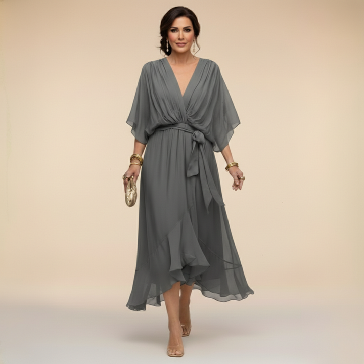Chiffon V-Neck Dress with Flowing A-Line Silhouette and Lined Interior