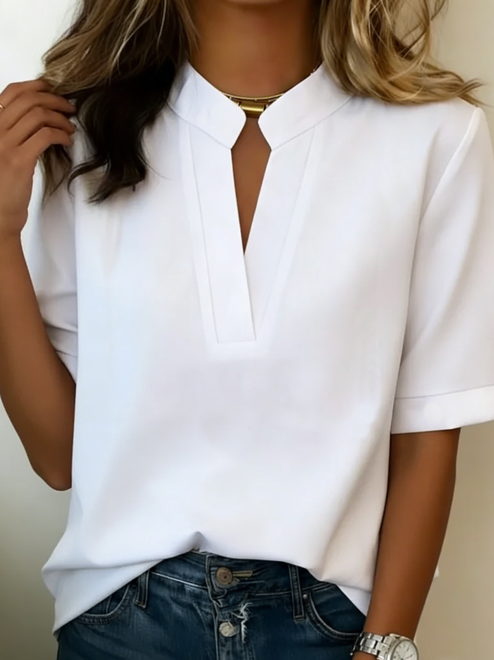 Loose Short Sleeve Top with Stand-Up Collar and Cotton-Linen Blend