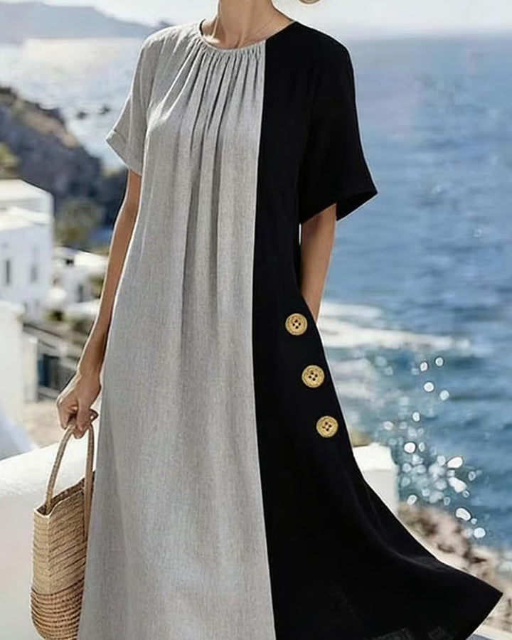 Long Dress with Round Neckline and Contrast Accents