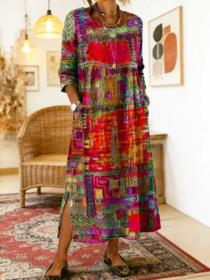 Printed Midi Dress with Long Sleeves and Relaxed Fit, Round Neckline
