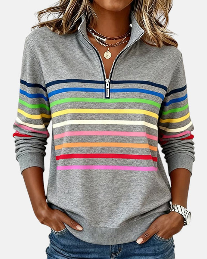 Rainbow Striped Half-Zip Sweatshirt with Stand-Up Collar