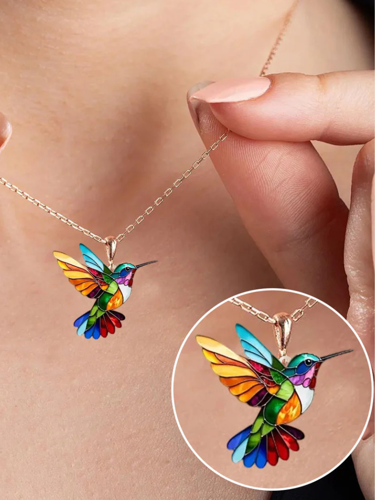 Hand-Painted Hummingbird Pendant Necklace with Acrylic Design and 19.69in Chain
