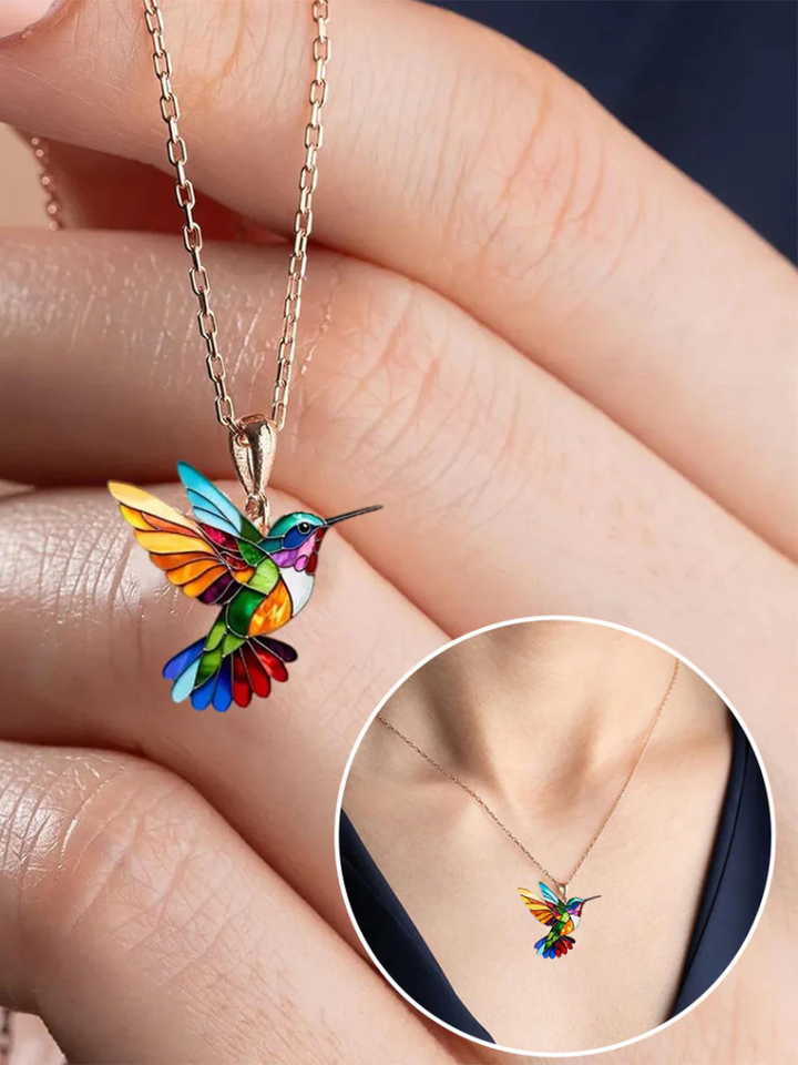 Hand-Painted Hummingbird Pendant Necklace with Acrylic Design and 19.69in Chain