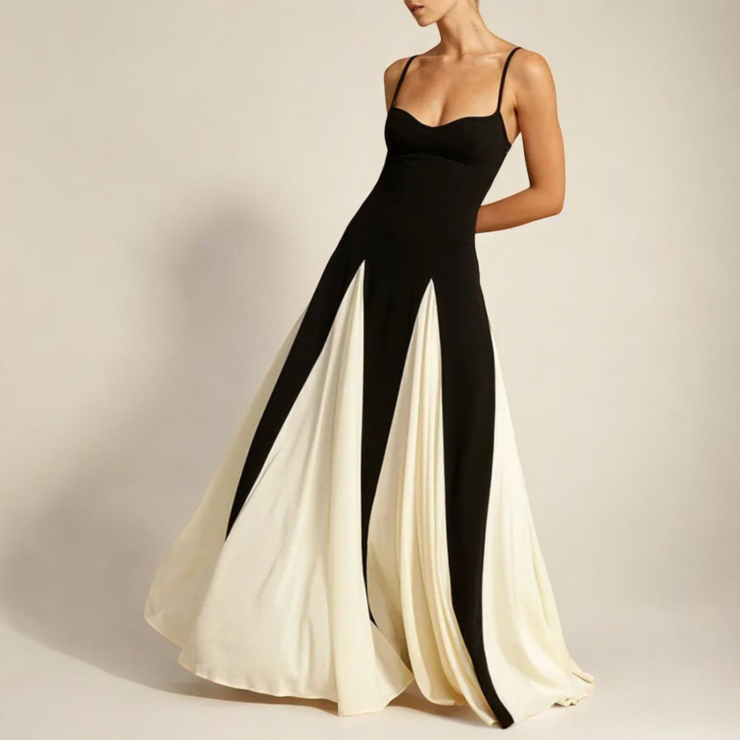 Floor-Length Maxi Dress with Adjustable Straps and Black White Color Blocking