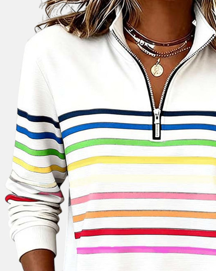 Rainbow Striped Half-Zip Sweatshirt with Stand-Up Collar