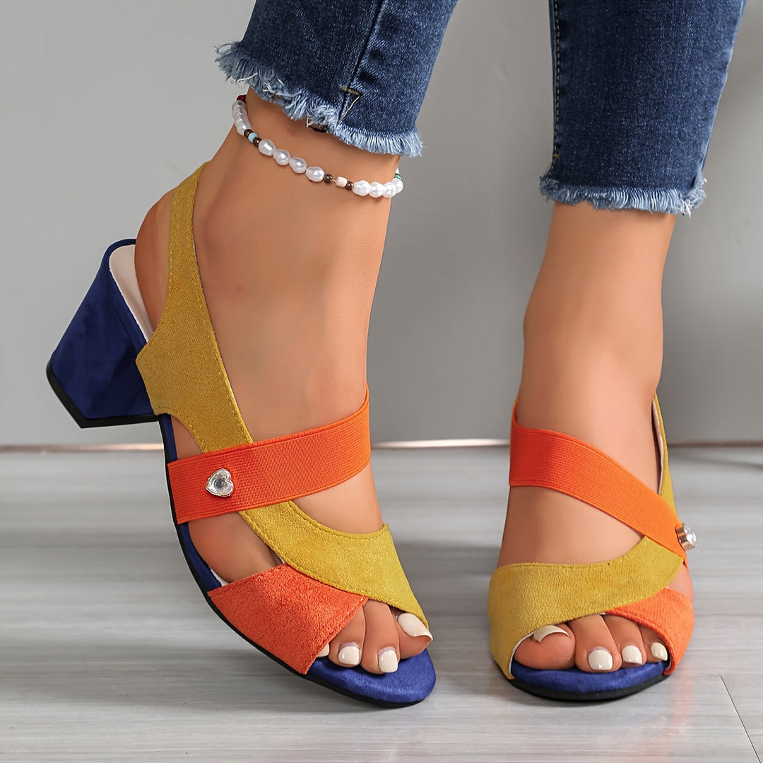 Block Heel Sandals with Stretch Straps and Cushioned Orthopedic Sole