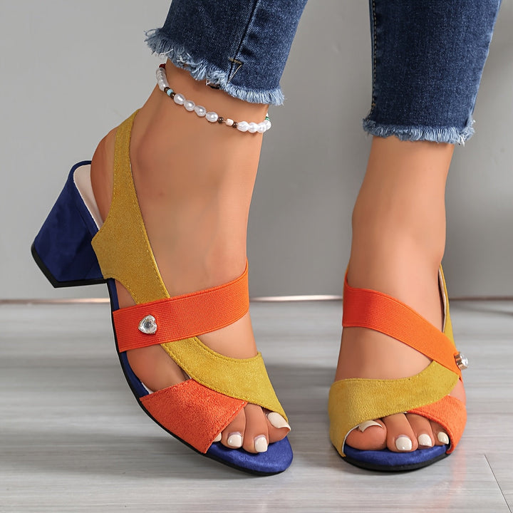 Block Heel Sandals with Stretch Straps and Cushioned Orthopedic Sole