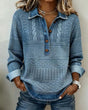 Collared Sweatshirt with Half Button Placket and Textured Knit, Contrast Trim