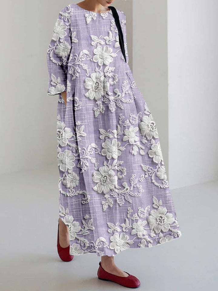 Floral Print Maxi Dress with Three-Quarter Sleeves and Flowing Silhouette