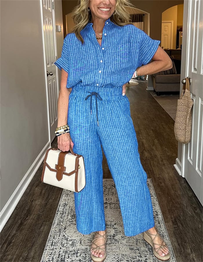 Striped Linen Cotton Shirt and Pants Set with Functional Pockets