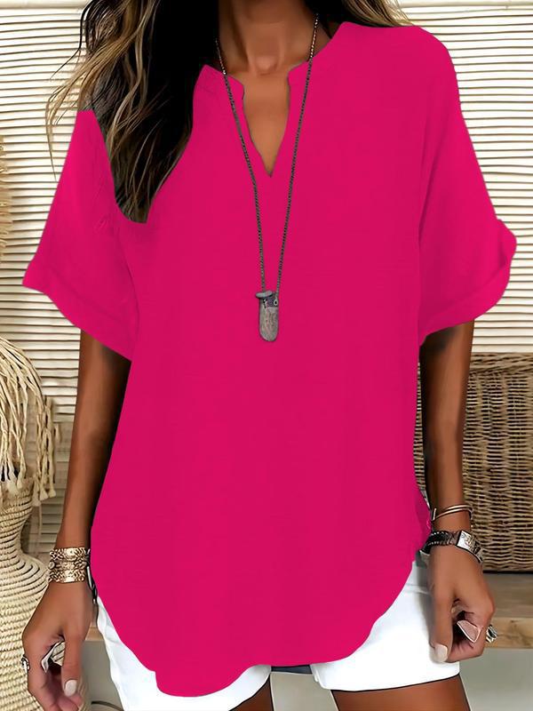 Breathable Notched-Neckline Blouse with Soft-Touch Fabric and Relaxed Fit