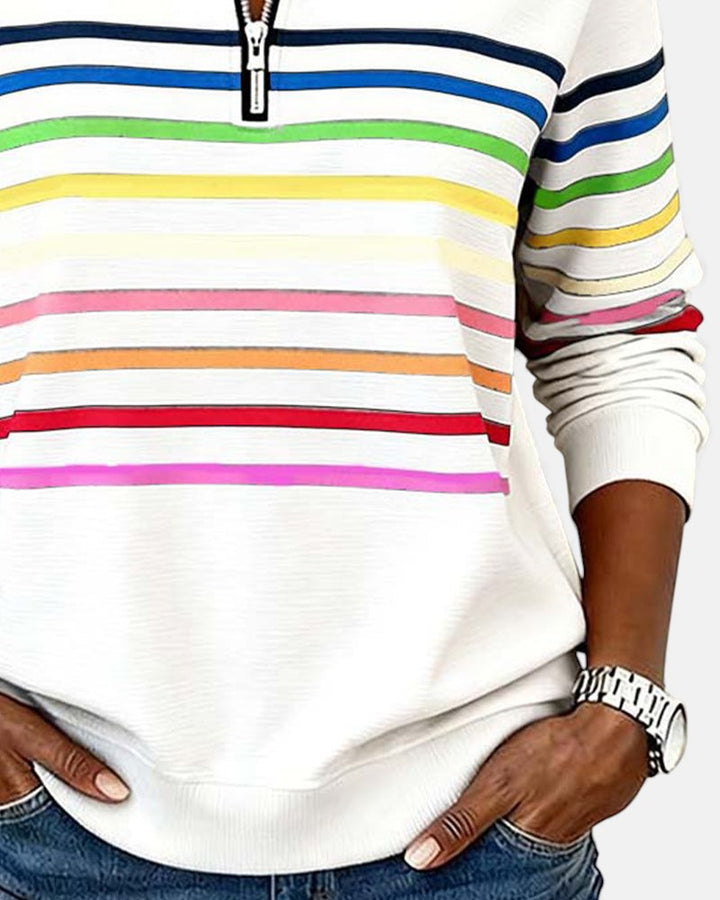 Rainbow Striped Half-Zip Sweatshirt with Stand-Up Collar
