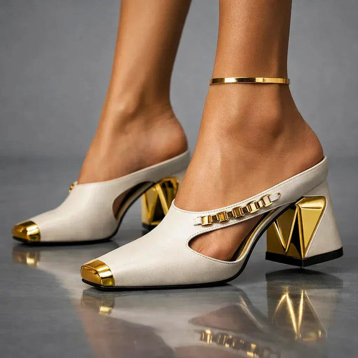 Block Heel Dress Shoes with Arch Support and Metallic Cutout Details