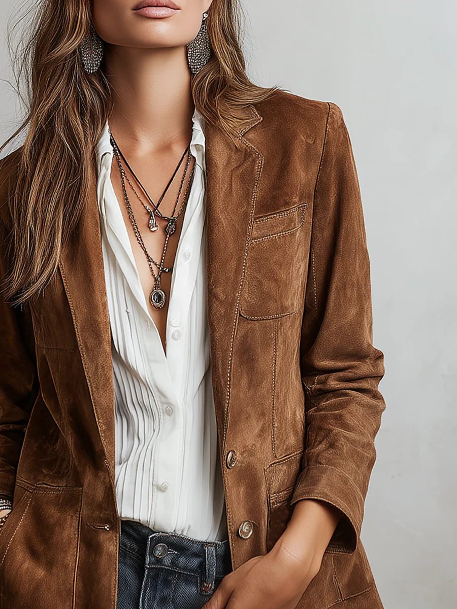 Camel Brown Faux Suede Jacket with Lapel Collar and Side Pockets
