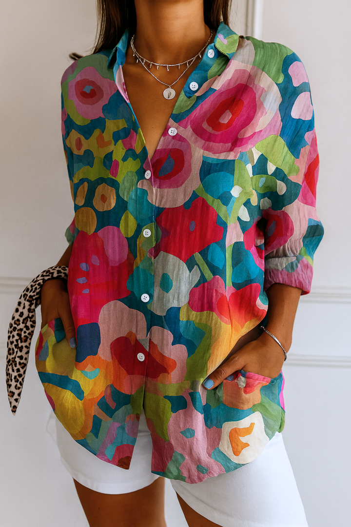 Midi Blouse with Embroidered Details and Stretch Fabric, Colorful Pattern