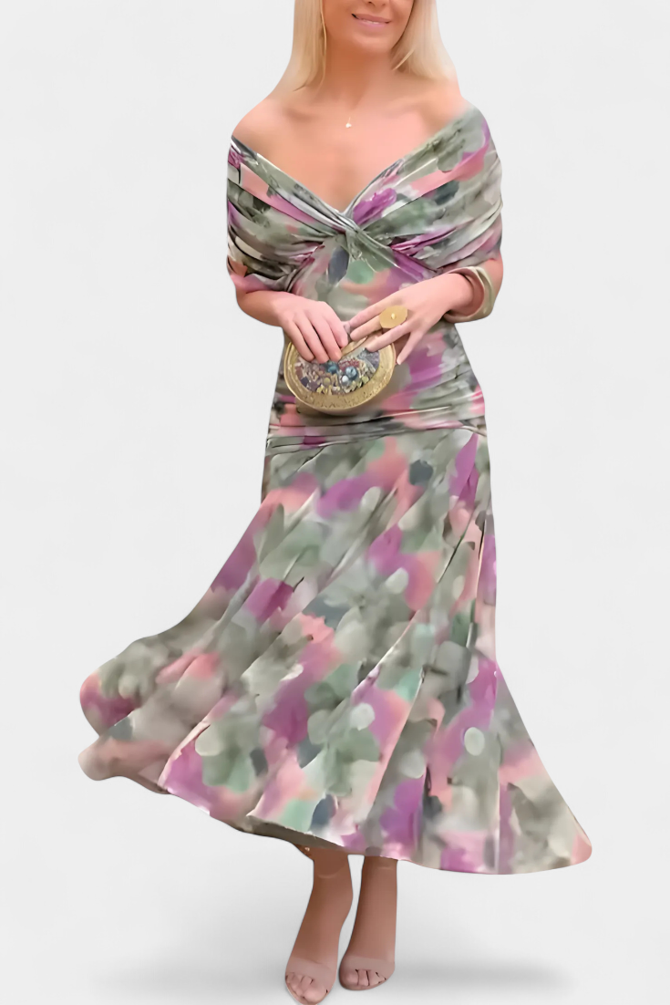 Long Floral Dress with V-Neckline and Pleated Waist Detail