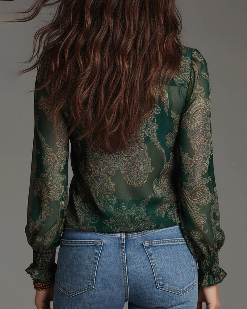 Printed Cotton Blend Blouse with Ruffle Sleeves and Demi-Zip V-Neck