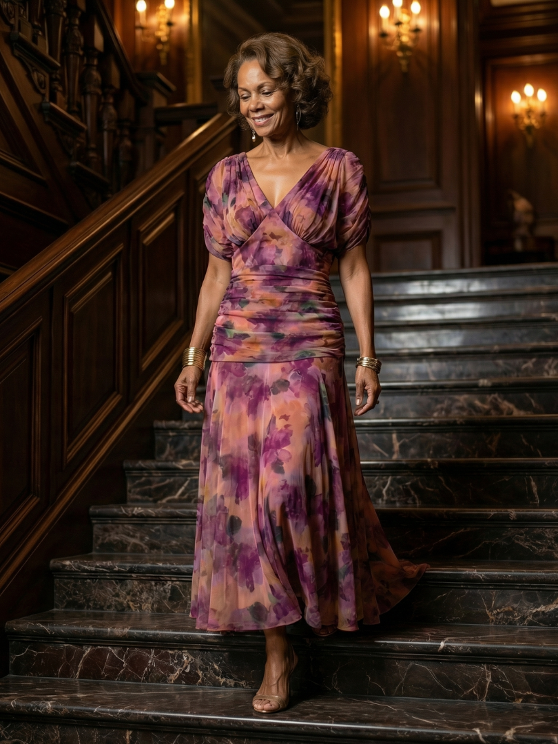 Off Shoulder Midi Dress with Draped Neckline and Flared Skirt