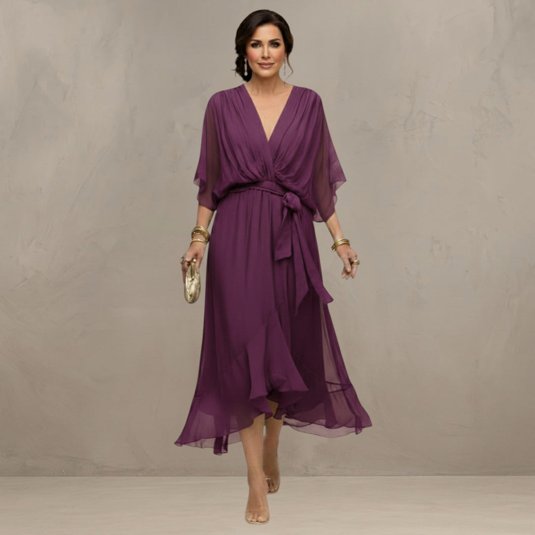 Chiffon Dress with V-Neckline and Flowing Silhouette