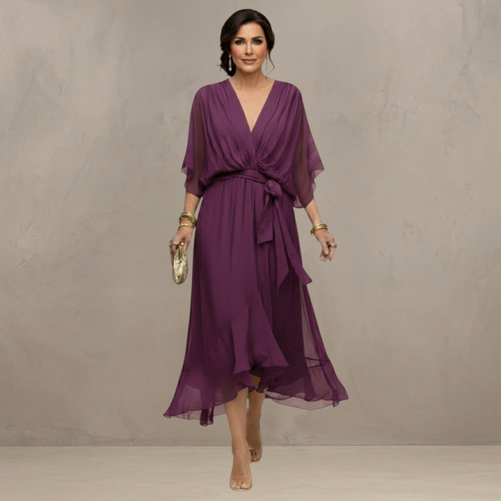 Chiffon Dress with V-Neckline and Flowing Silhouette