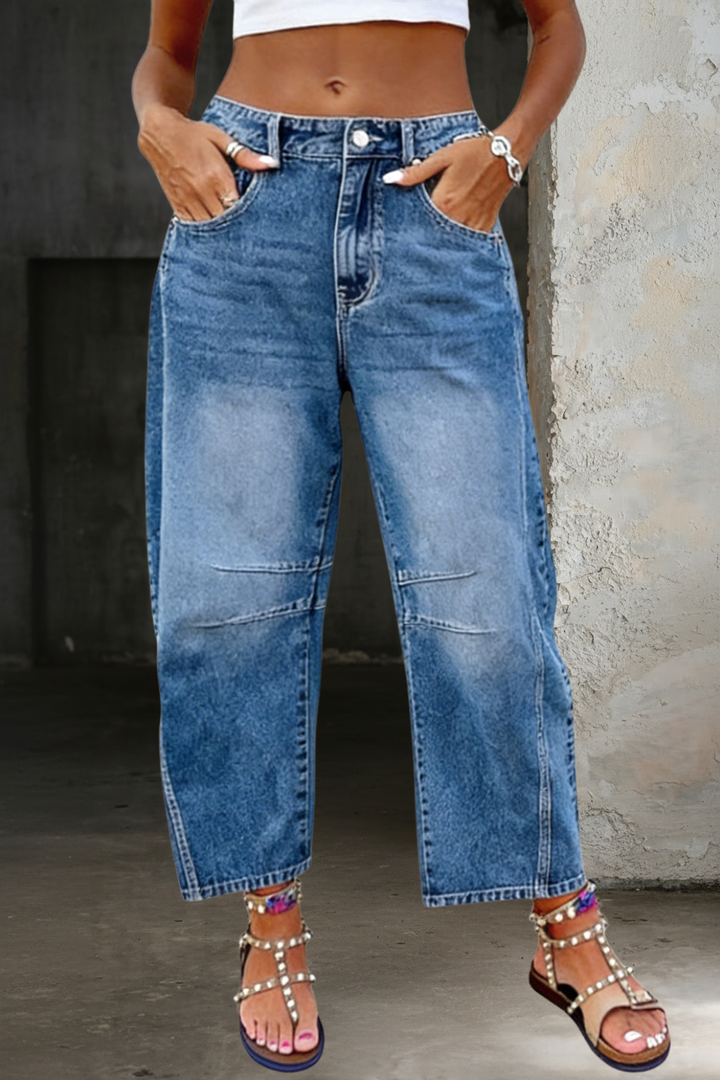 Flared Casual Jeans with Stretch Fabric and Mid-Rise Waistband, Printed Detail