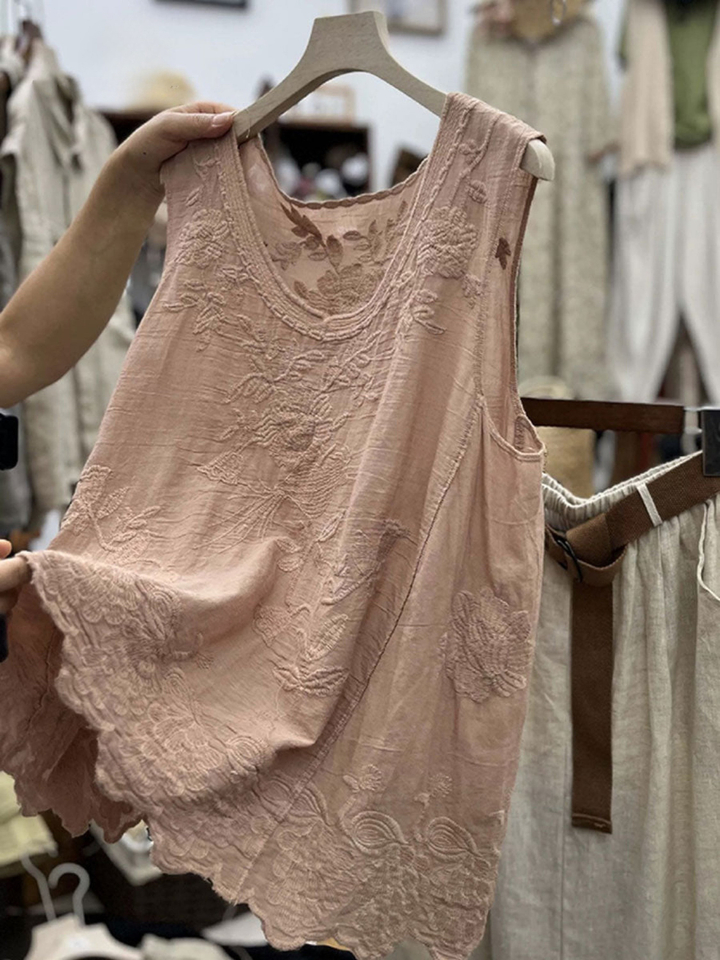 Women's 3/4 Sleeve Shirt with Cotton Linen Blend and Round Neckline