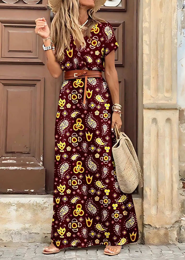 Long Dress with Paisley Print and Adjustable Belt, Side Slit