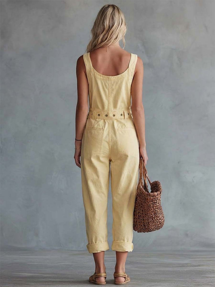 Light Yellow Washed Denim Jumpsuit with Square Neckline and Front Zipper