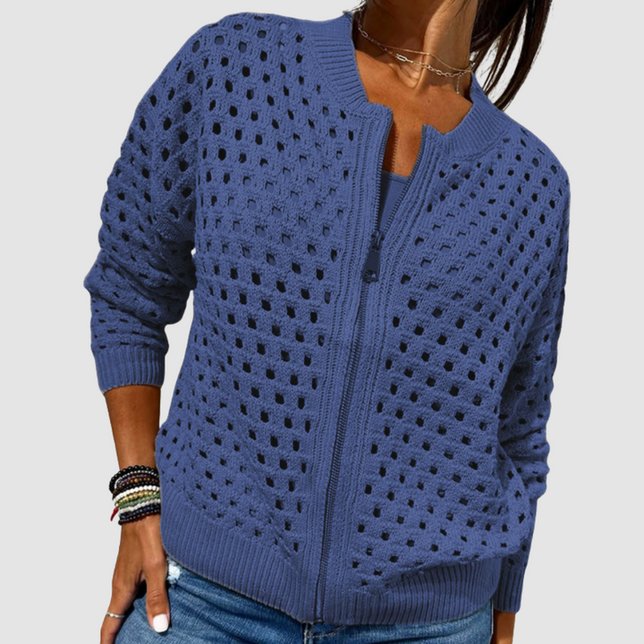 Women's Hollow-Knit Cardigan with Full-Length Zipper and Relaxed Fit