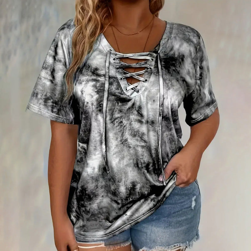Multicolor Tie-Dye Top with Cross-Strap Chest Detail and Stretch Fabric