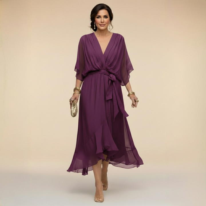 Chiffon V-Neck Dress with Flowing A-Line Silhouette and Lined Interior
