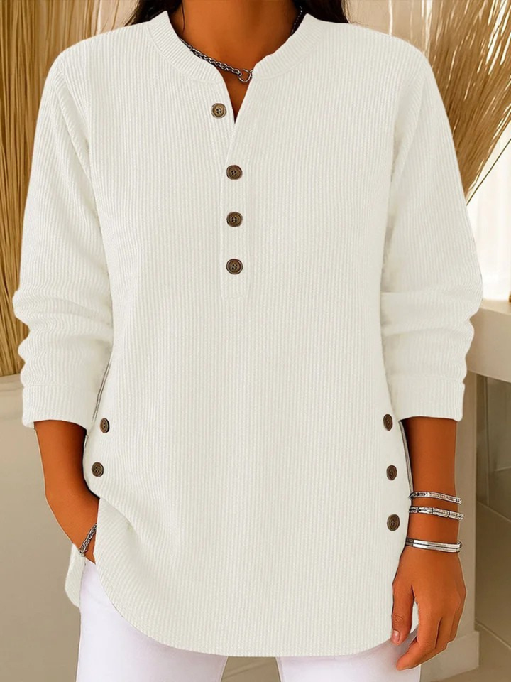 Crew-Neck Pullover Sweater with Button Accent Detail