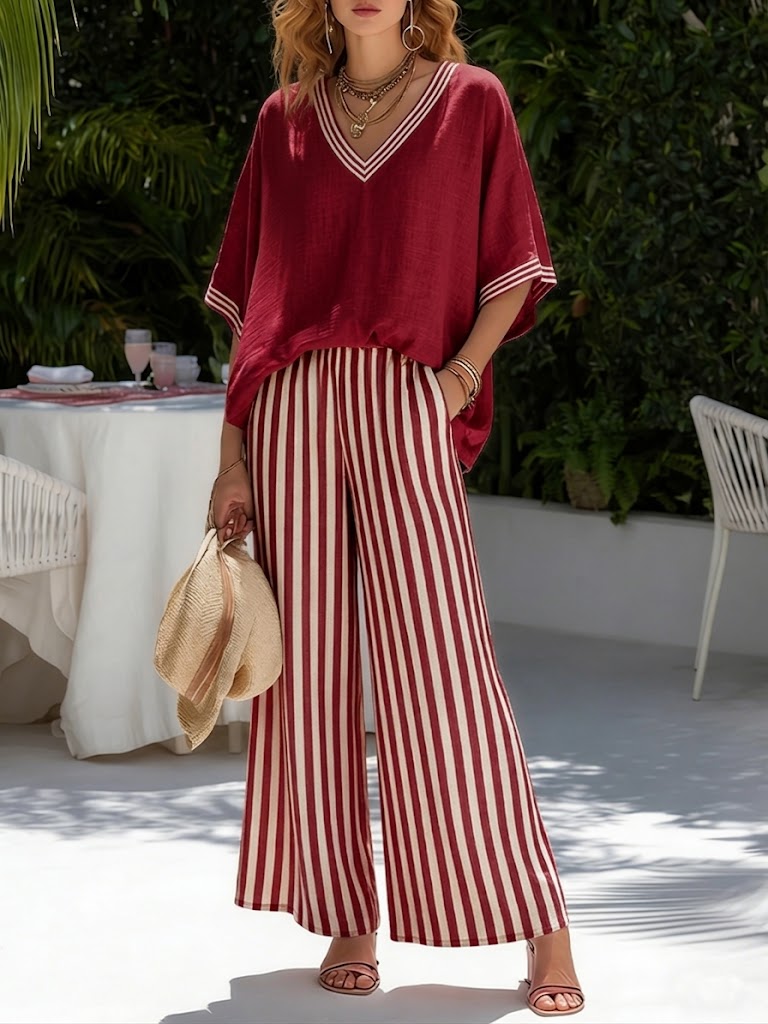Two-Piece Linen-Blend Set with V-Neckline Top and Relaxed Pants