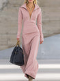 Pink V-Neck Maxi Dress with Front Zipper and Long Sleeves, Fitted Sporty Style