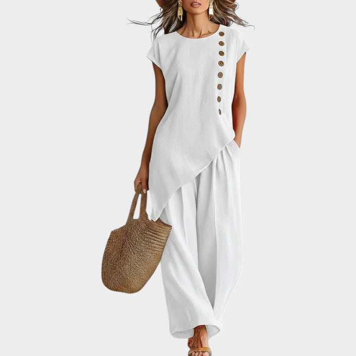Asymmetric Top with Wide-Leg Pants and Button Accents, Breathable Fabric