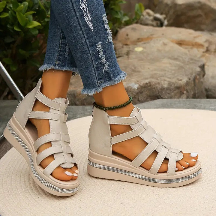 Strappy Wedge Sandals with Gladiator Design and Metallic Accents
