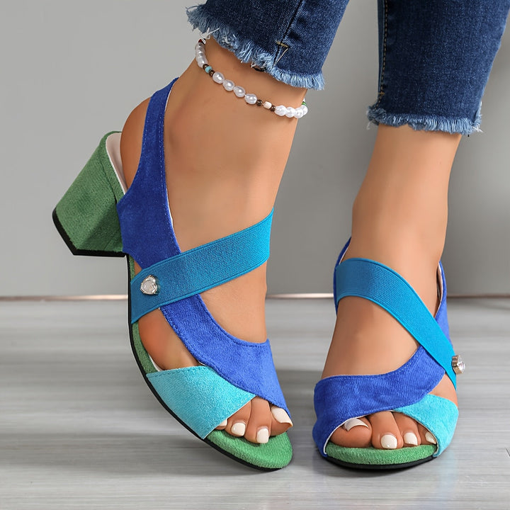 Block Heel Sandals with Stretch Straps and Cushioned Orthopedic Sole