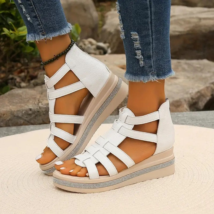 Strappy Wedge Sandals with Gladiator Design and Metallic Accents
