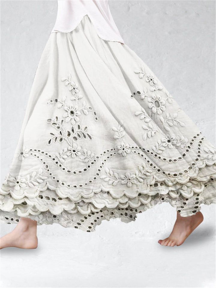 Bohemian A-Line Skirt with Scalloped Hemline and Embroidery Motif
