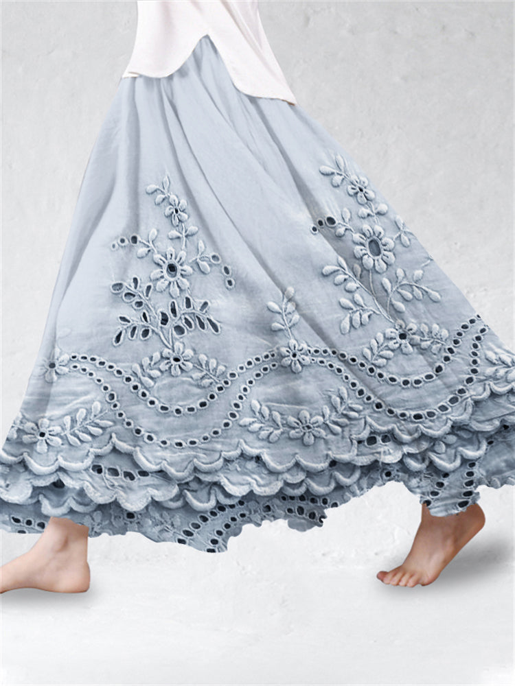 Bohemian A-Line Skirt with Scalloped Hemline and Embroidery Motif