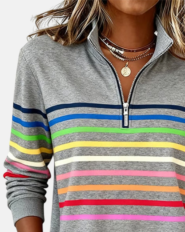 Rainbow Striped Half-Zip Sweatshirt with Stand-Up Collar