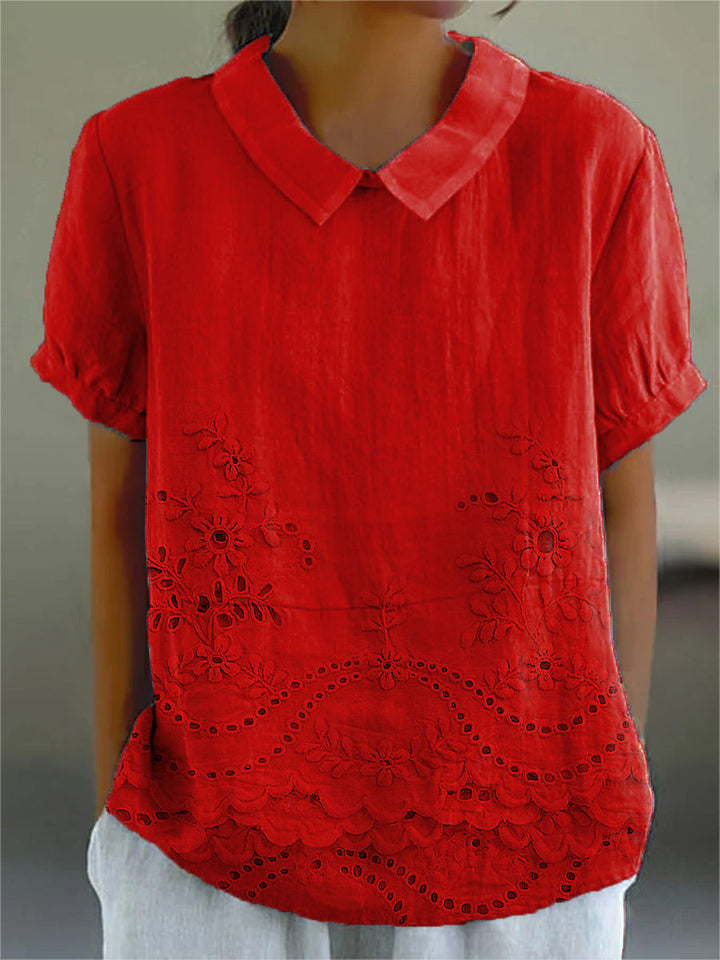 Soft Pink Shirt with Floral Embroidery at Hem and Cotton Linen Blend