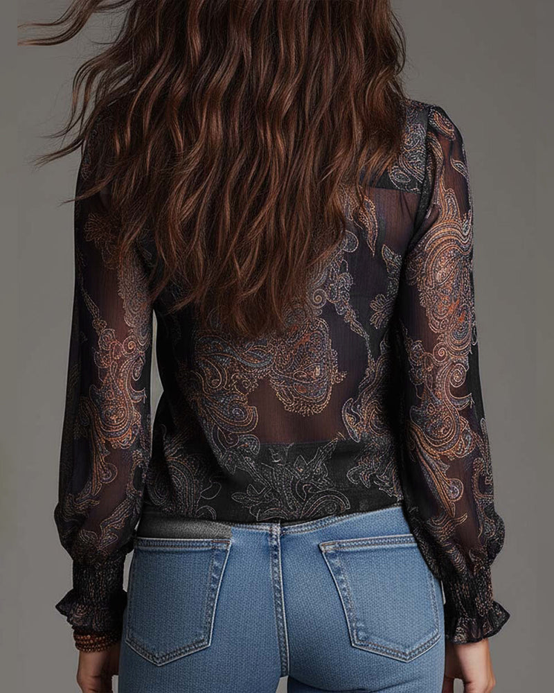 Printed Cotton Blend Blouse with Ruffle Sleeves and Demi-Zip V-Neck