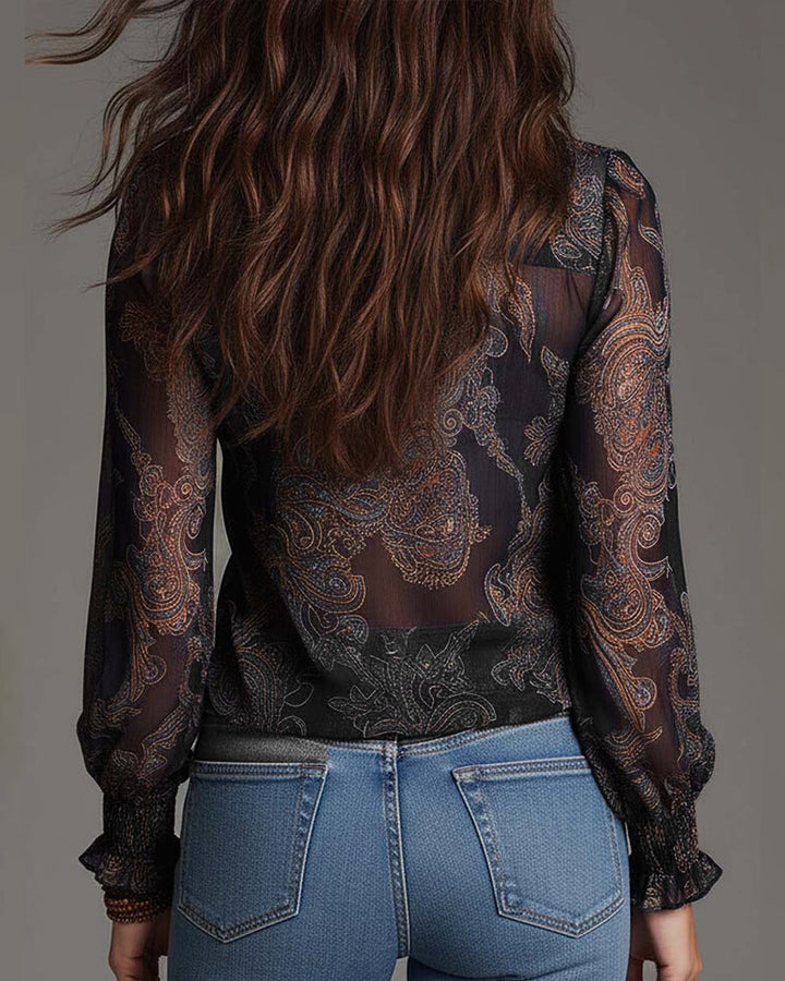 Printed Cotton Blend Blouse with Ruffle Sleeves and Demi-Zip V-Neck