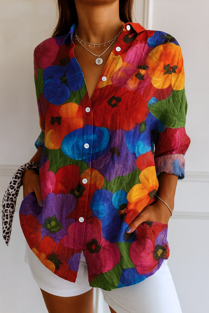 Midi Blouse with Embroidered Details and Stretch Fabric, Colorful Pattern