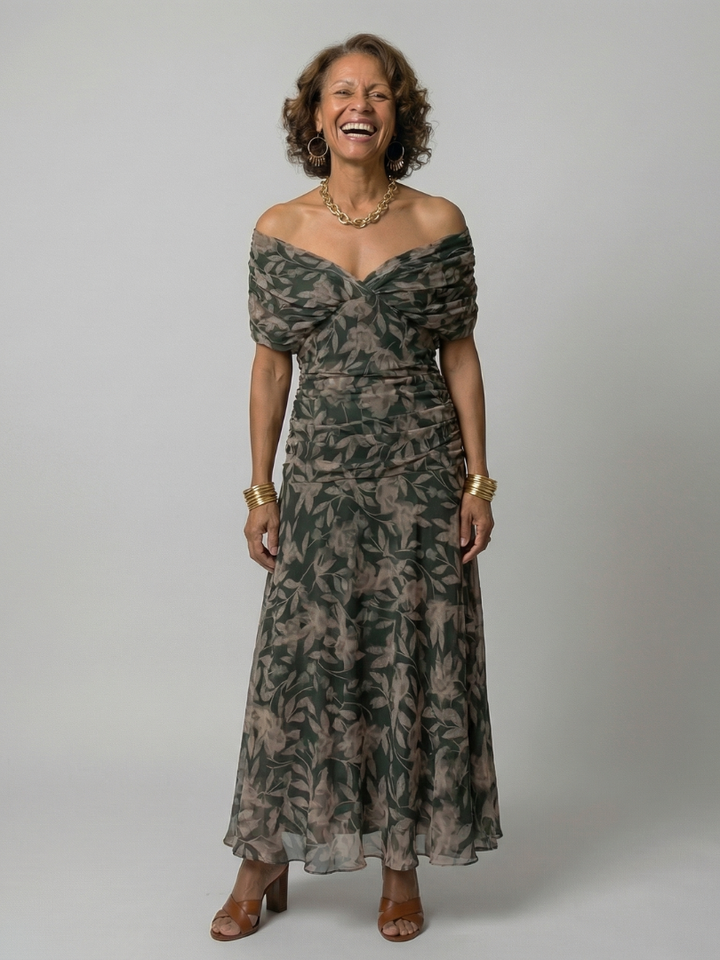 Off Shoulder Midi Dress with Draped Neckline and Flared Skirt