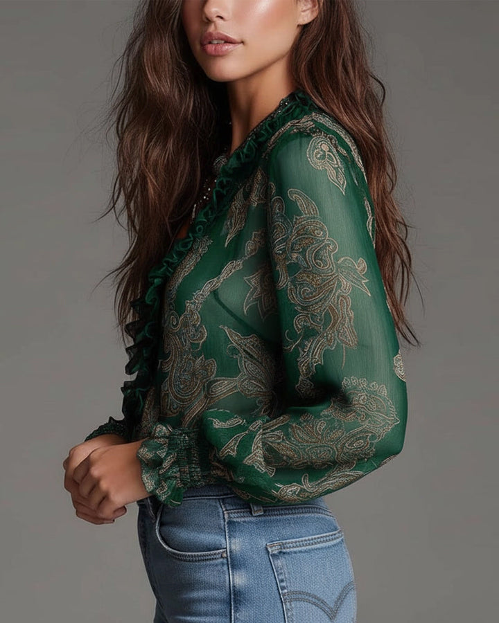 Printed Cotton Blend Blouse with Ruffle Sleeves and Demi-Zip V-Neck