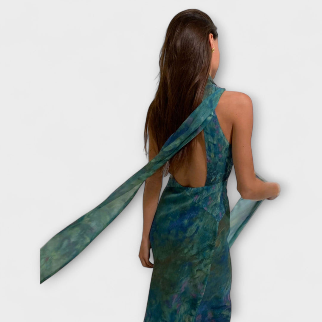 Iris Watercolor Maxi Dress with Keyhole Neckline and Matching Scarf